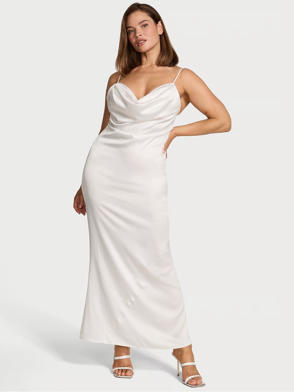 Victoria Secret Very Sexy
Coconut White Satin Sparkle Draped Maxi Slip Dress